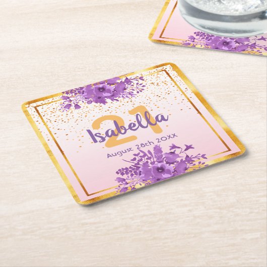 21歳の誕生日バラ金ゴールドピンク花模様名 スクエアペーパーコースター (アングル)