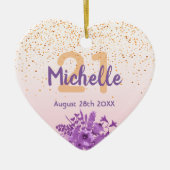 21歳の誕生日バラ金ゴールドピンク花模様名 セラミックオーナメント (正面)