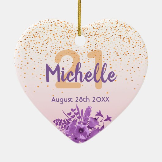 21歳の誕生日バラ金ゴールドピンク花模様名 セラミックオーナメント (裏面)