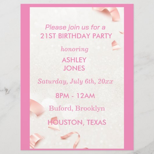 21歳の誕生日バラ金ゴールドピンク |パーティの招待状 チラシ (正面)