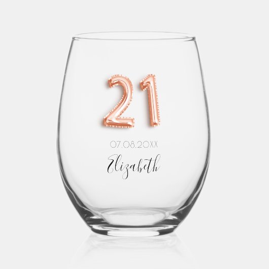 21歳の誕生日バラ金ゴールド名 ステムなしワイングラス (正面)