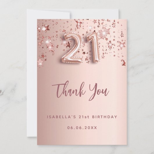 21歳の誕生日バラ金ゴールド星サンキューカード 招待状 (正面)