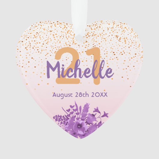 21歳の誕生日バラ金ゴールド紙吹雪紫色の花 オーナメント (正面)