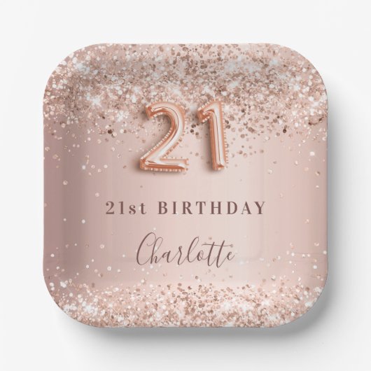 21歳の誕生日バラ金ゴールド赤面グリッター名 ペーパープレート (正面)