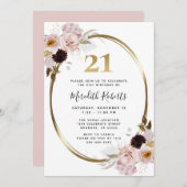21歳の誕生日バラ金ゴールド金属フローラパーティー 招待状 (正面/裏面)