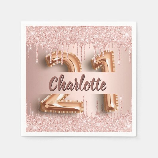 21歳の誕生日バラ金ゴールド スタンダードカクテルナプキン (正面)