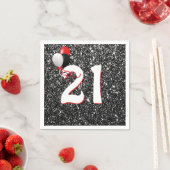 21歳の誕生日バルーンをブラックグリッター紙プラット スタンダードカクテルナプキン (インサイチュ)