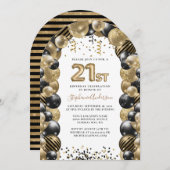 21歳の誕生日バルーン金ゴールドブラックスパークル 招待状 (正面/裏面)