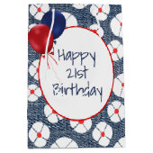 21歳の誕生日バルーン フローラルデニム ミディアムペーパーバッグ (正面)