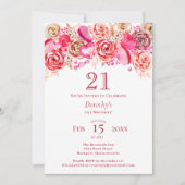 21歳の誕生日バレンタインピンクローズ渦巻形のハート 招待状 (正面)