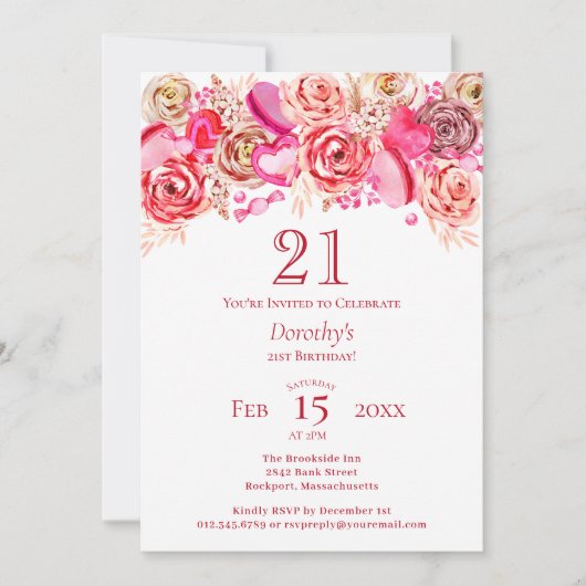 21歳の誕生日バレンタインピンクローズ渦巻形のハート 招待状 (正面)