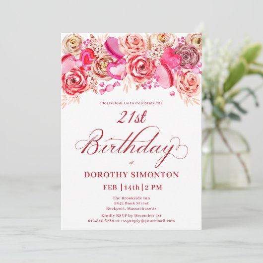 21歳の誕生日バレンタインピンクローズ渦巻形のハート 招待状 (スタンド正面)
