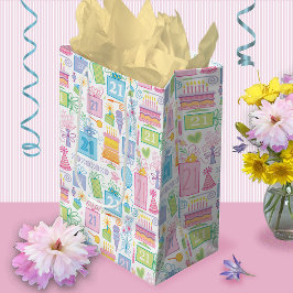 21歳の誕生日パステルピンクケーキプレゼントバルーン ミディアムペーパーバッグ