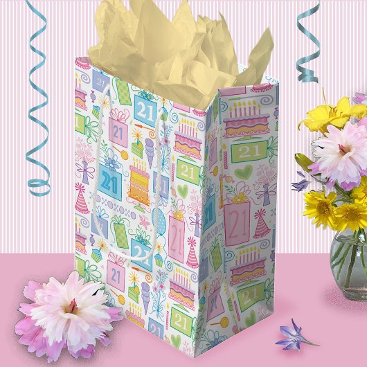 21歳の誕生日パステルピンクケーキプレゼントバルーン ミディアムペーパーバッグ