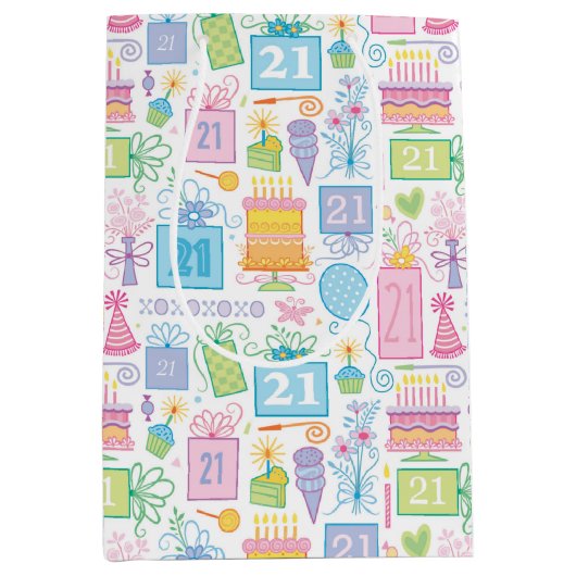 21歳の誕生日パステルピンクケーキプレゼントバルーン ミディアムペーパーバッグ (正面)