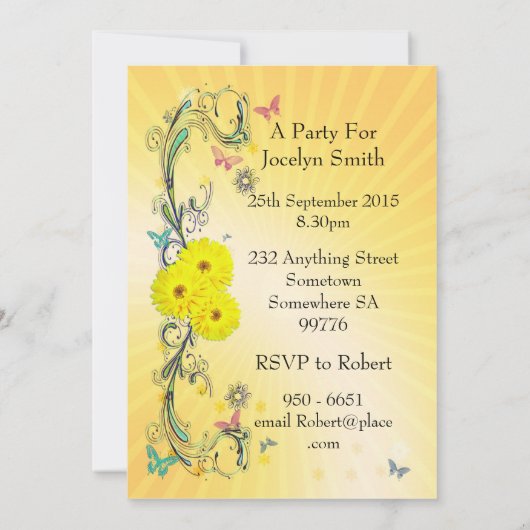 21歳の誕生日パーティの招待状と黄色い花 招待状 (裏面)