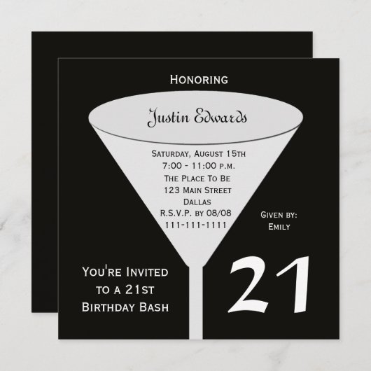 21歳の誕生日パーティの招待状イン黒 招待状 (正面/裏面)