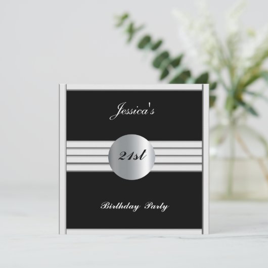 21歳の誕生日パーティの招待状ブラックシルバー 招待状 (スタンド正面)