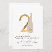 21歳の誕生日パーティの招待状金ゴールドとシャンパン 招待状 (正面/裏面)