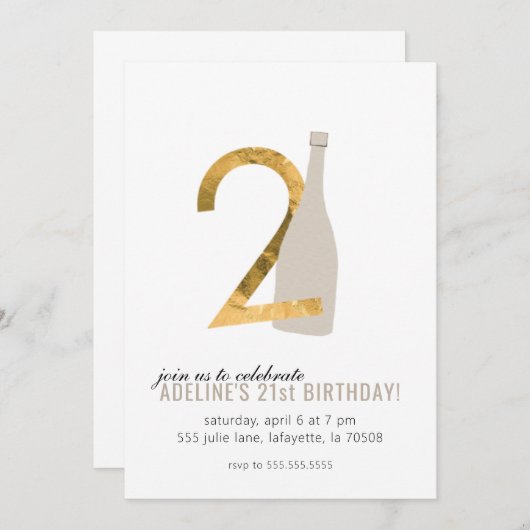 21歳の誕生日パーティの招待状金ゴールドとシャンパン 招待状 (正面/裏面)