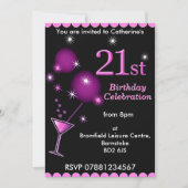 21歳の誕生日パーティの招待状 – カクテルグラス 招待状 (正面)