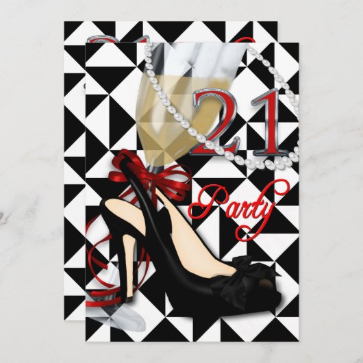 21歳の誕生日パーティの招待状 – 女性、B/Wヒール 招待状 (正面/裏面)