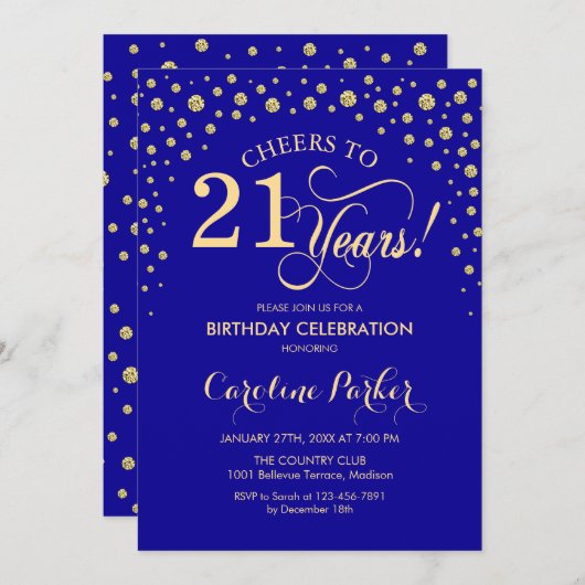 21歳の誕生日パーティの招待状-金ゴールドブ王室のルー 招待状 (正面/裏面)