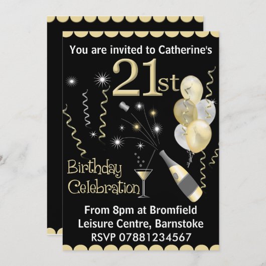 21歳の誕生日パーティの招待状-黒と金ゴールド 招待状 (正面/裏面)