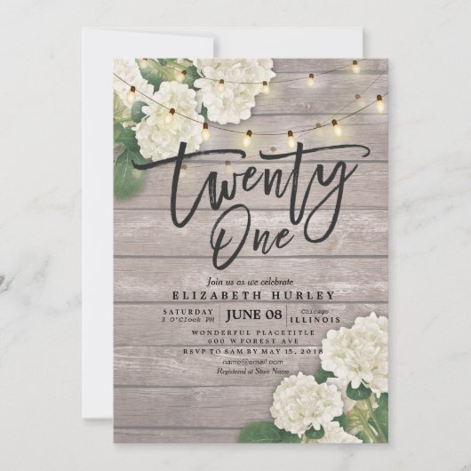 21歳の誕生日パーティーあじさい花ライトウッド 招待状 (正面)