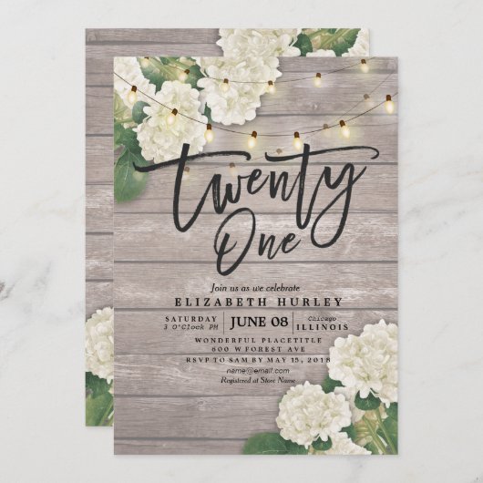 21歳の誕生日パーティーあじさい花ライトウッド 招待状 (正面/裏面)