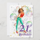 21歳の誕生日パーティーかわいい女の子ミームバブルスター 招待状 (正面)