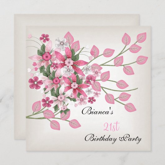 21歳の誕生日パーティーかわいらしピンクフローラ 招待状 (正面/裏面)