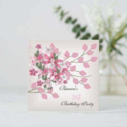 21歳の誕生日パーティーかわいらしピンクフローラ 招待状 (スタンド正面)