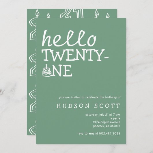 21歳の誕生日パーティーこんにちは21セージグリーン 招待状 (正面/裏面)