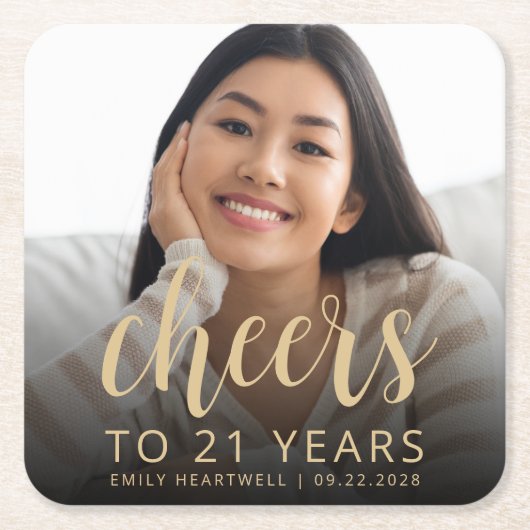 21歳の誕生日パーティーの写真で乾杯 スクエアペーパーコースター (正面)