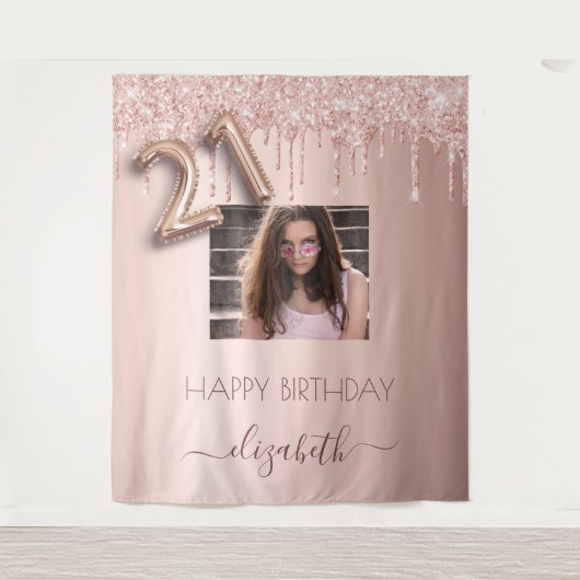 21歳の誕生日パーティーの写真 ローズゴールド グリッター ピンク タペストリー (正面)