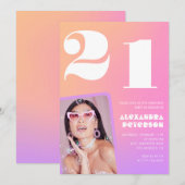 21歳の誕生日パーティーの招待状 レトロピンクフォト 招待状 (正面/裏面)