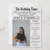 21歳の誕生日パーティーの新聞風ユニークフォト 招待状 (正面)