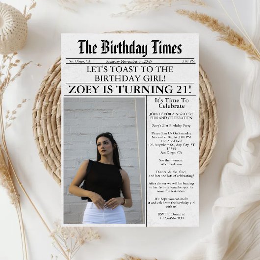 21歳の誕生日パーティーの新聞風ユニークフォト 招待状