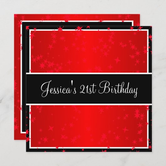 21歳の誕生日パーティーの明るい赤い星黒と白 招待状 (正面/裏面)