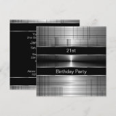 21歳の誕生日パーティーの黒とシルバー ストライプ メンズ 招待状 (正面/裏面)