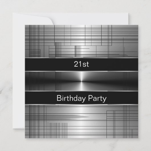 21歳の誕生日パーティーの黒とシルバー ストライプ メンズ 招待状 (正面)