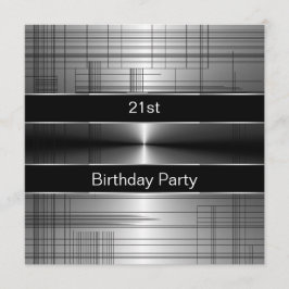 21歳の誕生日パーティーの黒とシルバー ストライプ メンズ 招待状