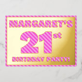21歳の誕生日パーティーはっきりした:おもしろい、ピンクストライプ色21 箔招待状 (正面)