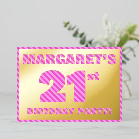 21歳の誕生日パーティーはっきりした:おもしろい、ピンクストライプ色21 箔招待状 (立ち正面)