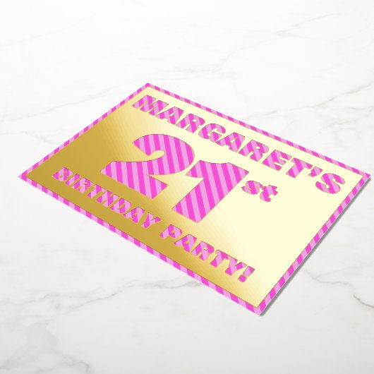 21歳の誕生日パーティーはっきりした:おもしろい、ピンクストライプ色21 箔招待状 (回転した状態)