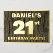 21歳の誕生日パーティーはっきりした:, フェイク木目のパターン 箔招待状 (正面)
