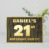 21歳の誕生日パーティーはっきりした:, フェイク木目のパターン 箔招待状 (立ち正面)