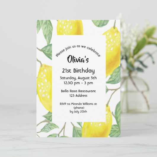 21歳の誕生日パーティーイエローレモン白 招待状 (スタンド正面)