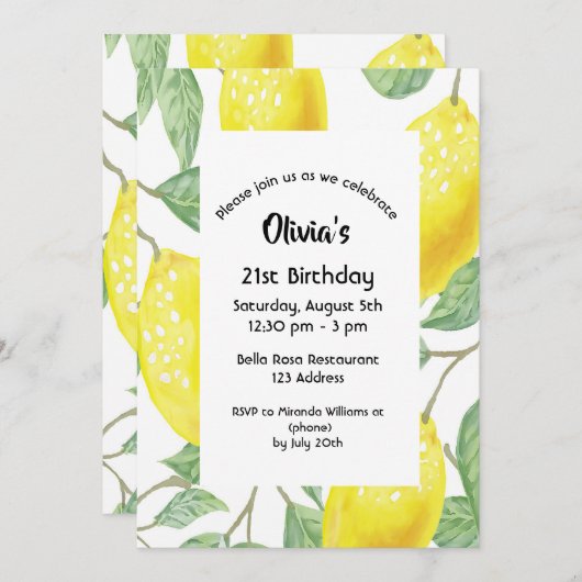 21歳の誕生日パーティーイエローレモン白 招待状 (正面/裏面)